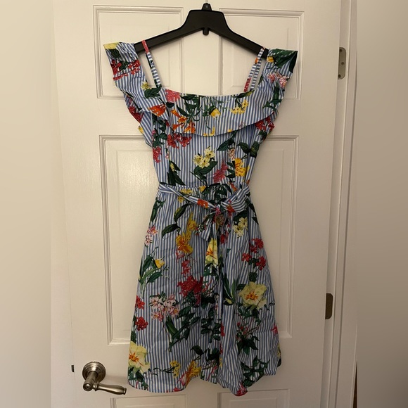 PinkBlush Maternity Blue Striped Floral Open Shoulder Dress - Picture 1 of 4